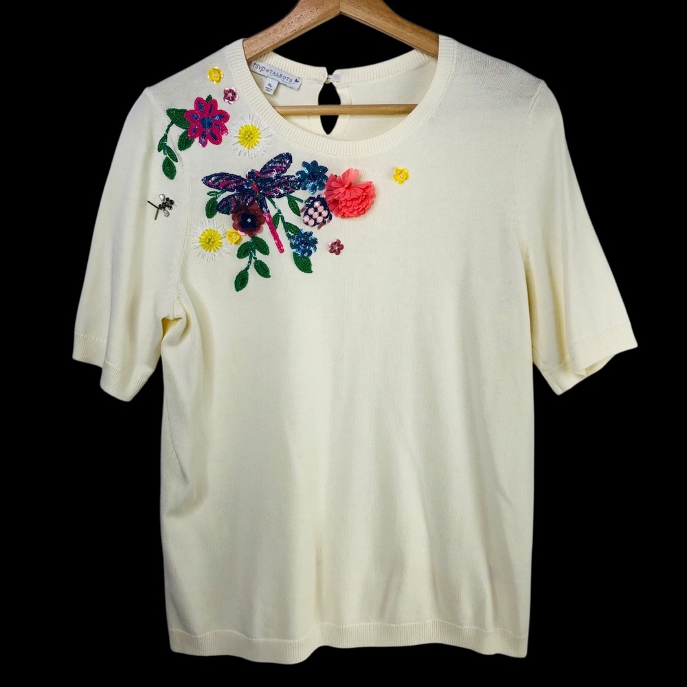 RSVP by Talbots Womens Ivory Sweater Blouse Top M Bead Sequin Floral Embellished
